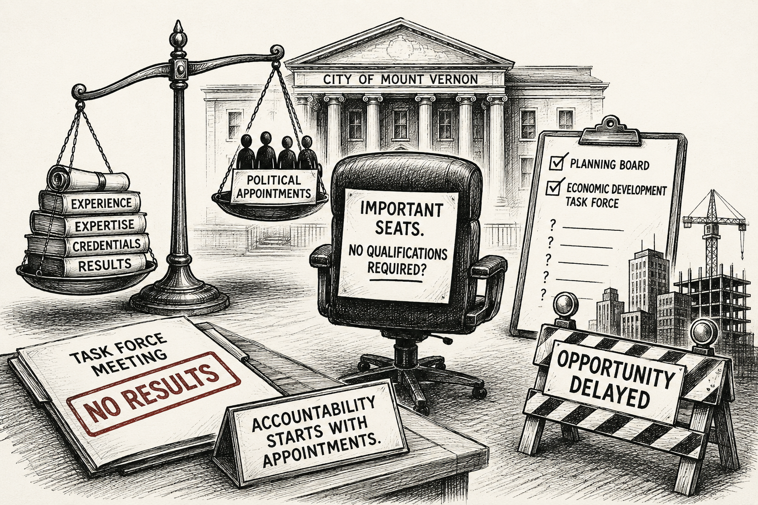 An illustration showing a scale weighing books labeled Experience, Expertise, Credentials, and Results against a group of figures labeled Political Appointments, in front of Mount Vernon City Hall. A clipboard lists Planning Board and Economic Development Task Force with question marks. A report stamped "No Results," a nameplate reading "Accountability Starts With Appointments," and a construction barrier labeled "Opportunity Delayed" sit in the foreground.