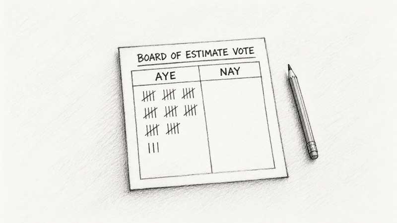 Sketch of a tally sheet headed Board of Estimate Vote, with the Aye column full of tally marks and the Nay column blank