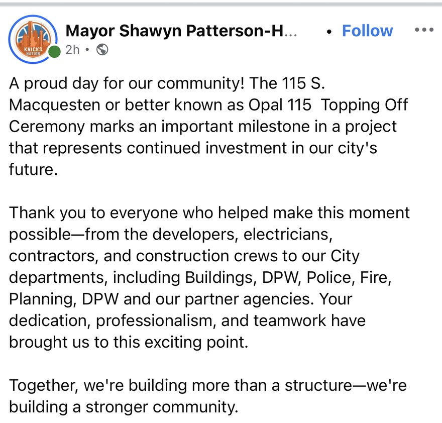 Facebook post by Mayor Shawyn Patterson-Howard celebrating the topping-off ceremony at 115 South MacQuesten Parkway, also known as Opal 115.