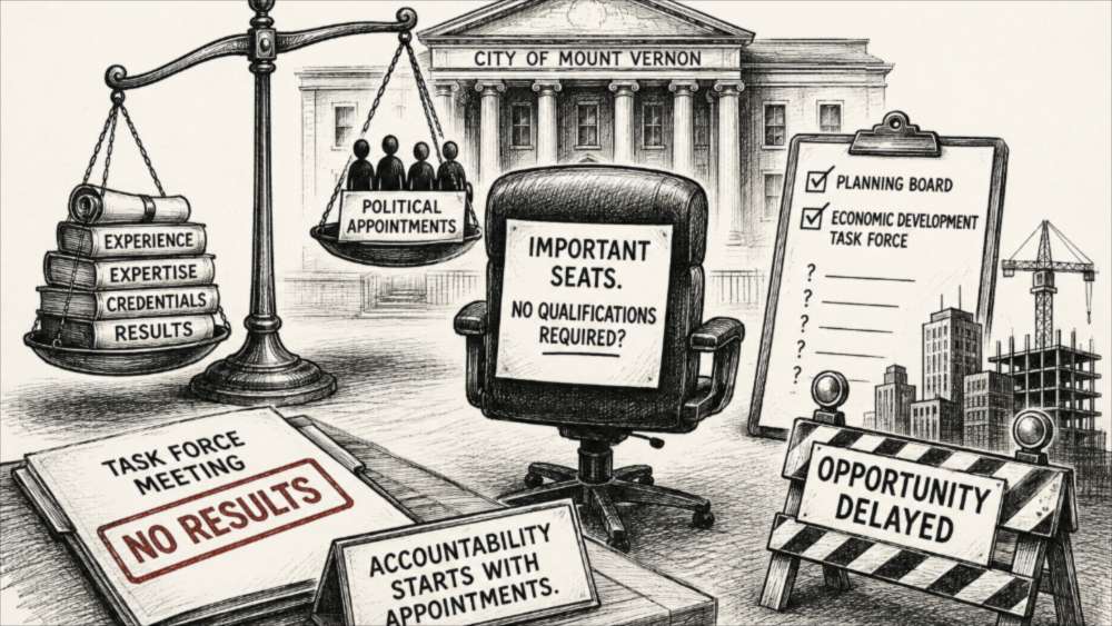 An illustration showing a scale weighing books labeled Experience, Expertise, Credentials, and Results against a group of figures labeled Political Appointments, in front of Mount Vernon City Hall. A clipboard lists Planning Board and Economic Development Task Force with question marks. A report stamped "No Results," a nameplate reading "Accountability Starts With Appointments," and a construction barrier labeled "Opportunity Delayed" sit in the foreground.